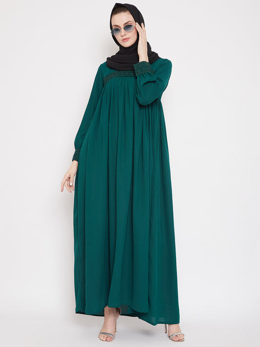 Nabia Women Green Solid Lace Maxi Abaya Dress Abaya With Georgette Scarf