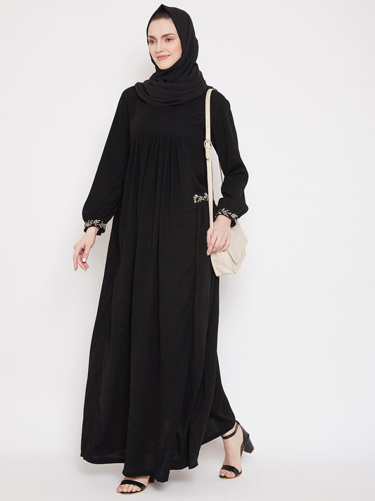 Nabia Women Black Pocket Embroidery Nida Matte Fabric Abaya with Georgette Scarf