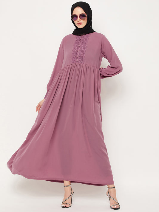 Nabia Puce Pink Lace work Women Abaya with Georgette Scarf