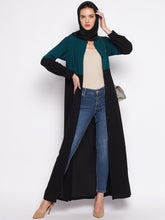 Nabia Green & Black Front Open Abaya for Women with Georgette Scarf