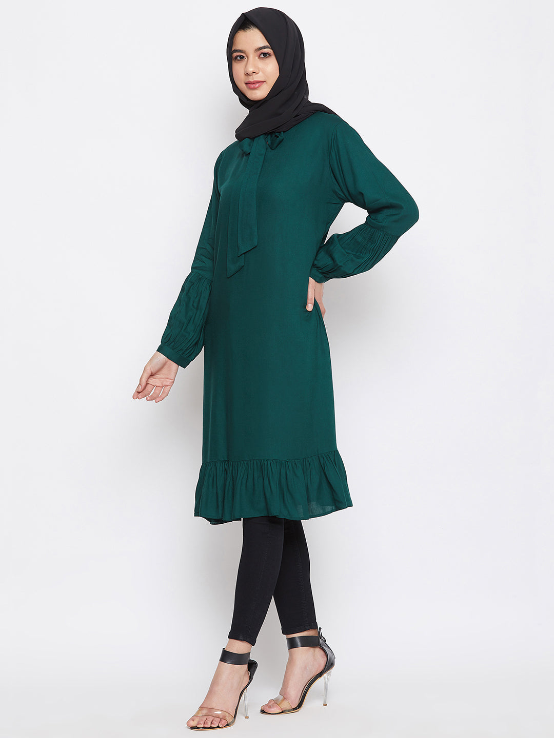 Nabia Women Bottle Green Tie-up neck Rayon Fabric Tunic Abaya with Georgette Scarf