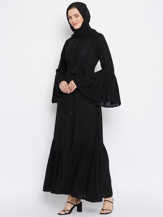 Nabia Women Black Solid Nida Plated Front Open Abaya With Georgette Scarf