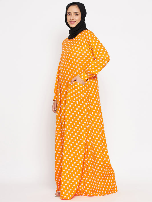 Nabia Women Yellow Polka Crepe Abaya Dress with Georgette Scarf