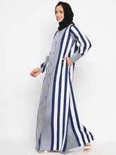 Nabia Blue Front Open Striped Abaya with Georgette Scarf for Women