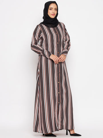 Nabia Women Brown Front Open Striped Abaya With Georgette Scarf