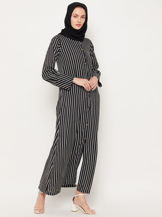 Nabia Black Striped Front Open Women Abaya with Georgette Scarf
