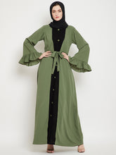 Nabia Women Jade Green & Black Solid Two Color Combination Bell Sleeves Abaya With Georgette Scarf