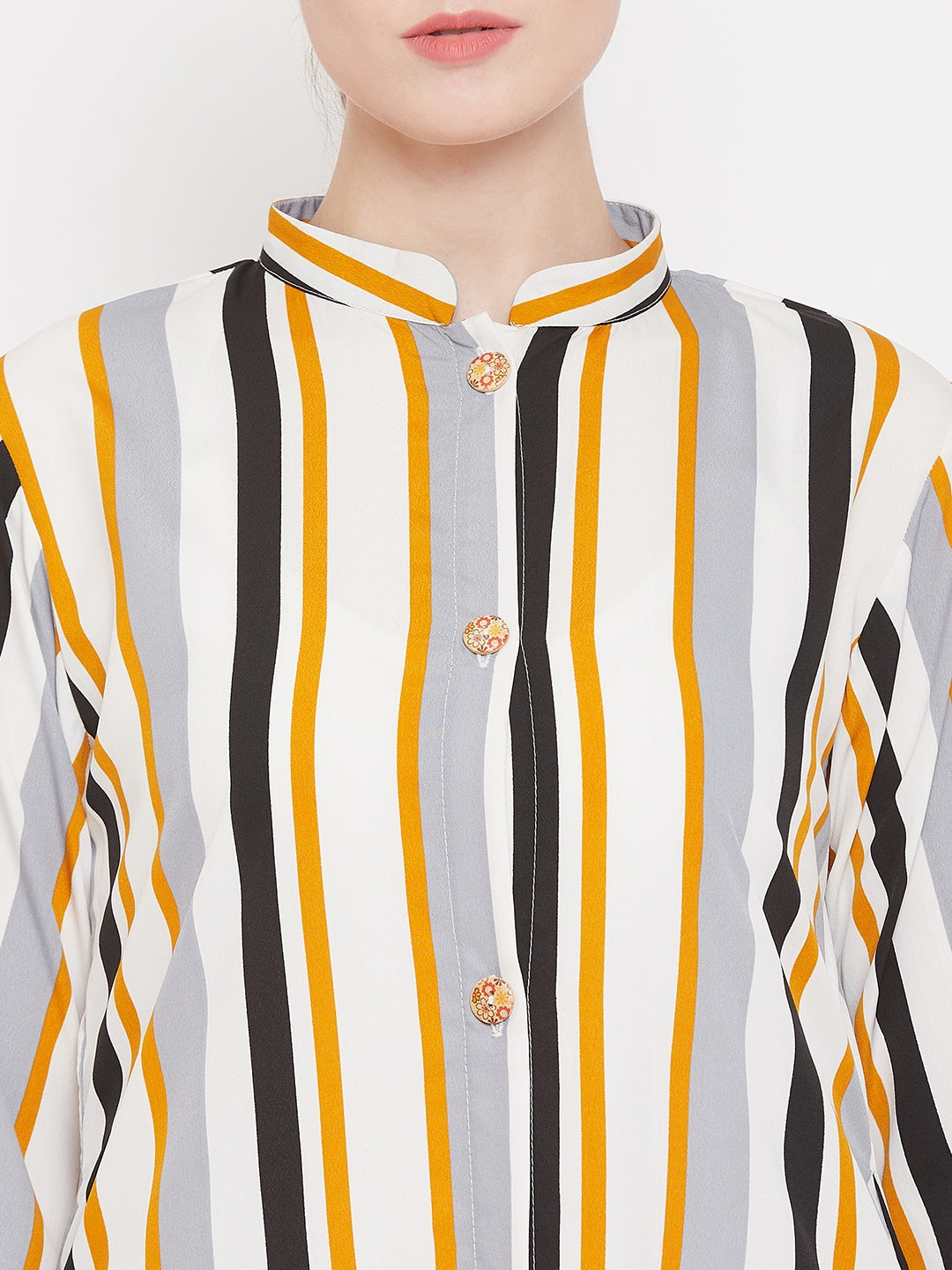 Nabia Women Yellow Front Open Striped Abaya with Georgette Scarf