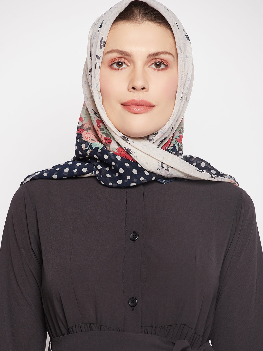 Nabia Women Olive Black Solid Frilled Abaya with Black Georgette Scarf