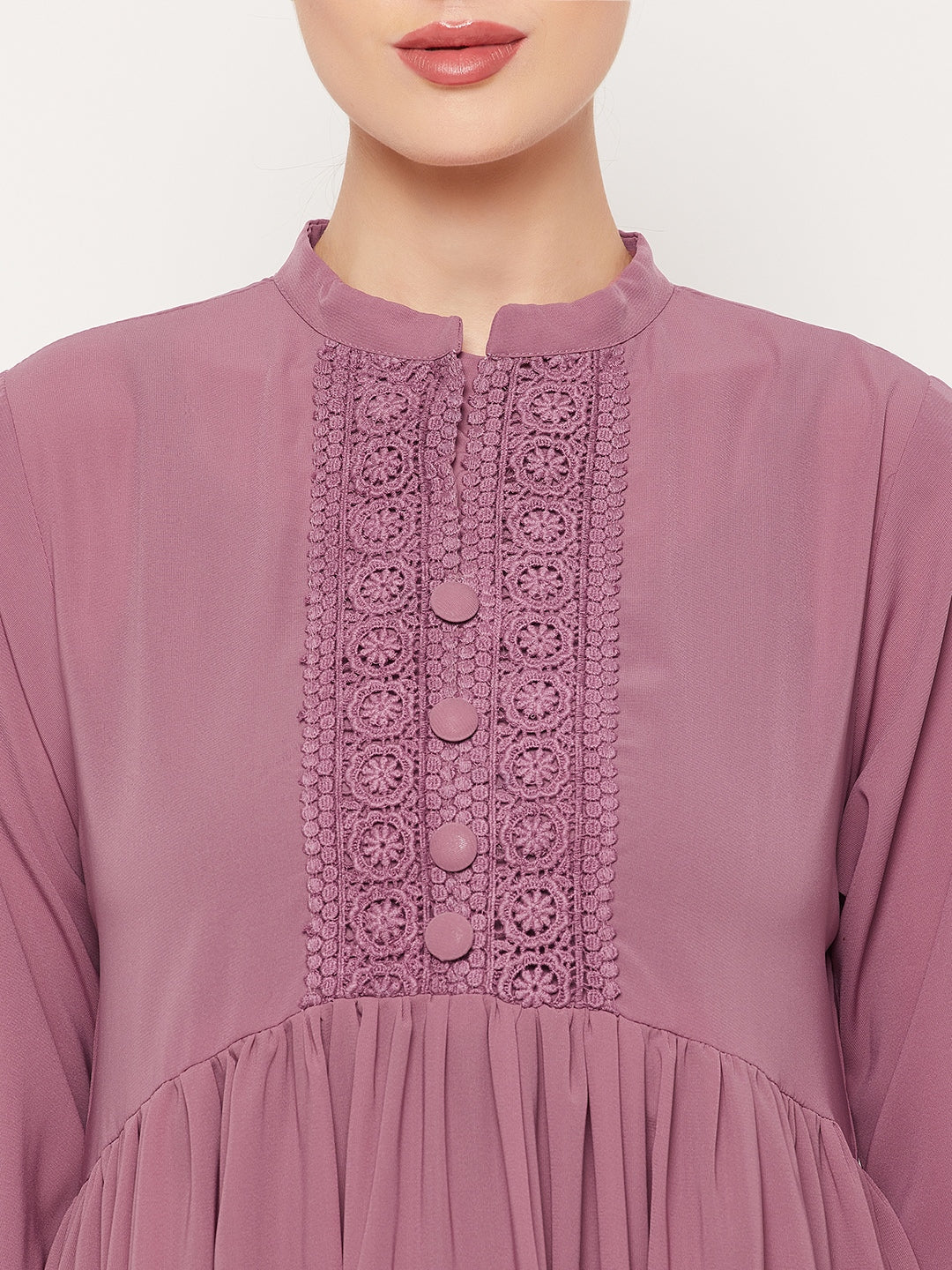 Nabia Puce Pink Lace work Women Abaya with Georgette Scarf