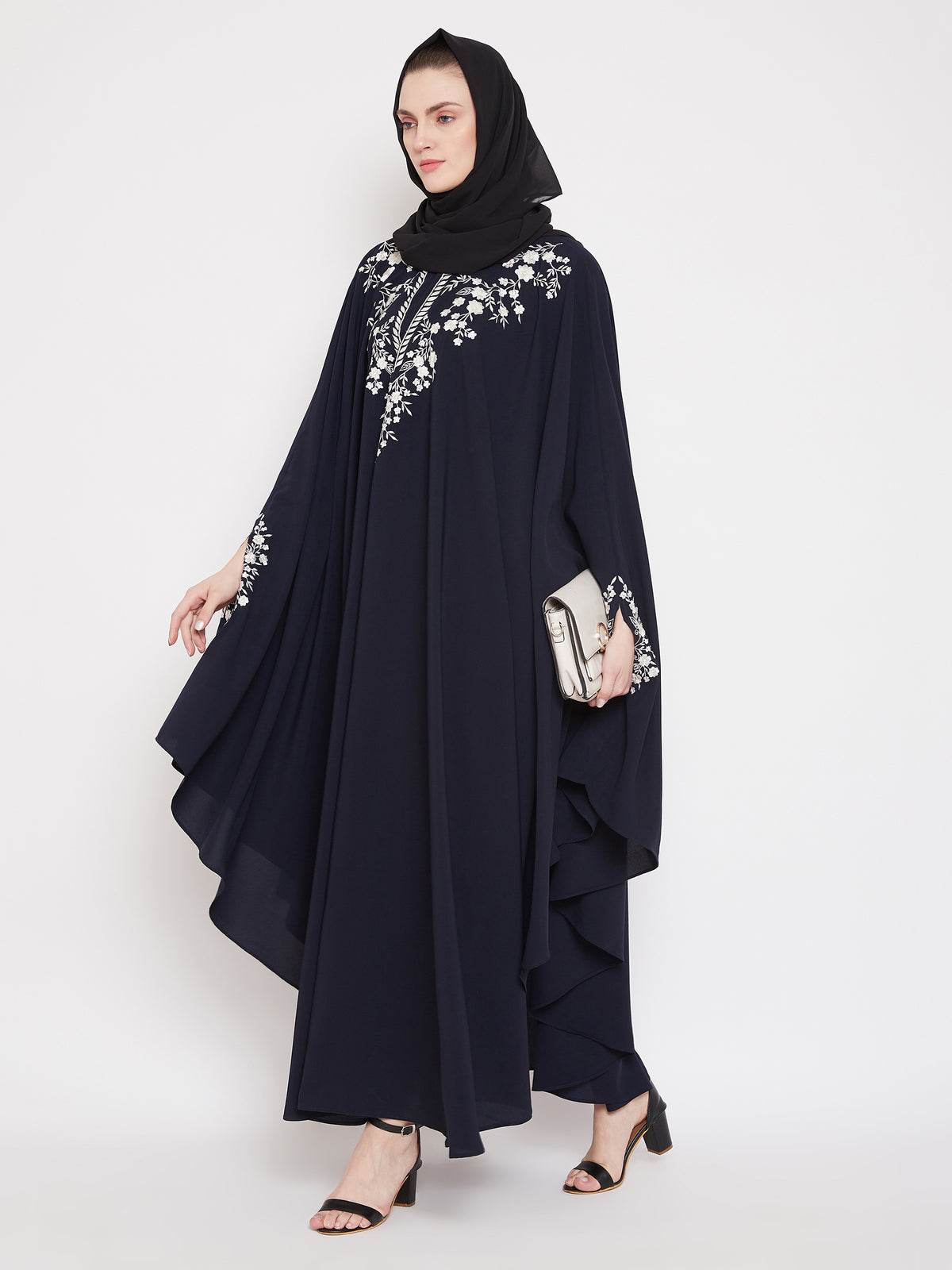 Nabia Women Blue Irani Kaftan Abaya Enhanced With Chikan Hand Embroidered With Georgette Scarf