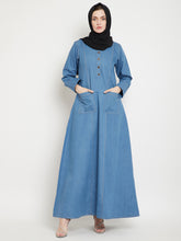 Nabia Women Blue Solid Denim Cotton Fabric Abaya with 2 Patch Pockets With Georgette Scarf