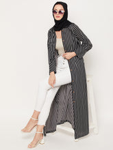 Nabia Black Striped Front Open Women Abaya with Georgette Scarf