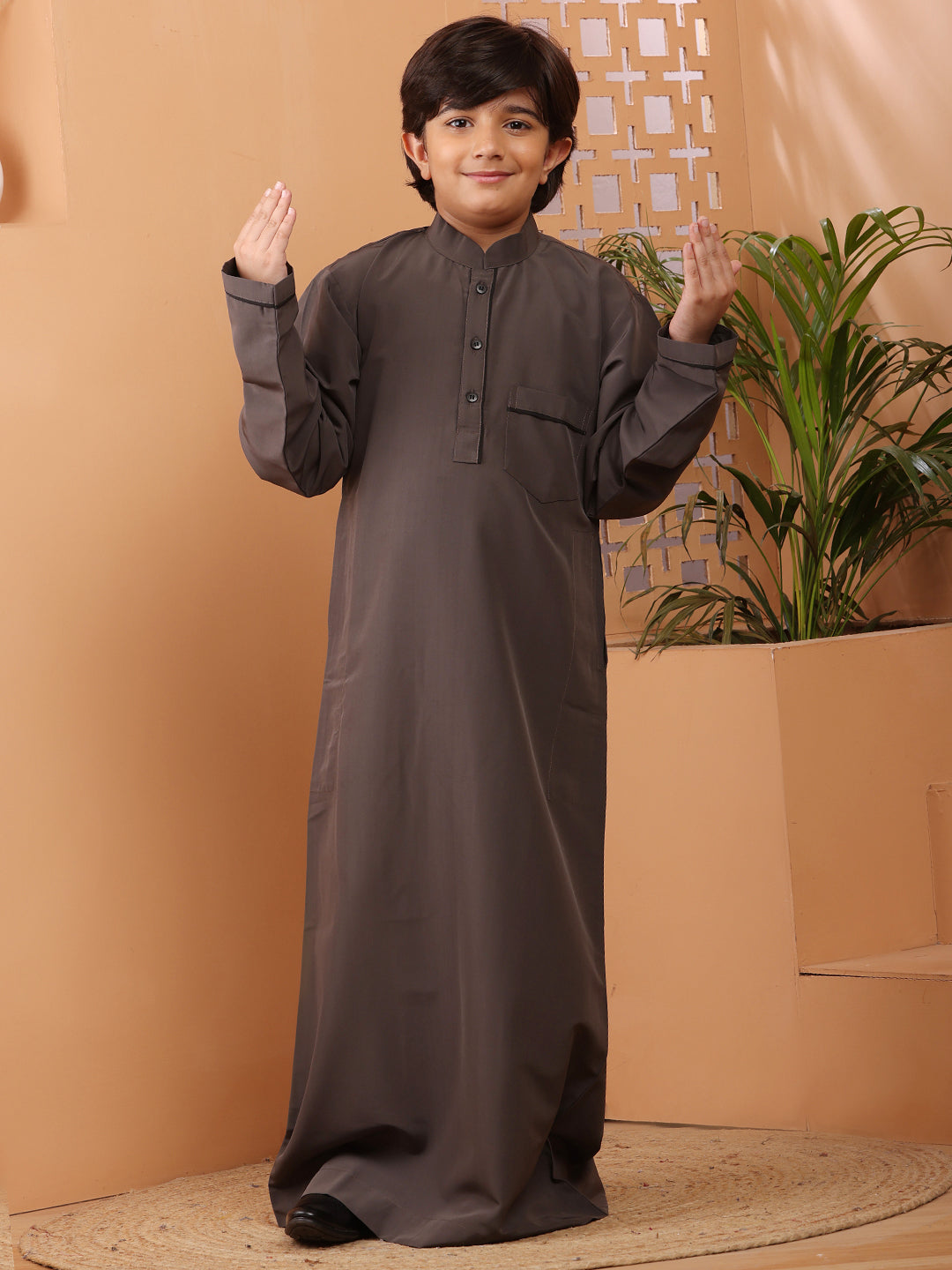 Nabia Grey Solid Boy's Thobe/Jubba