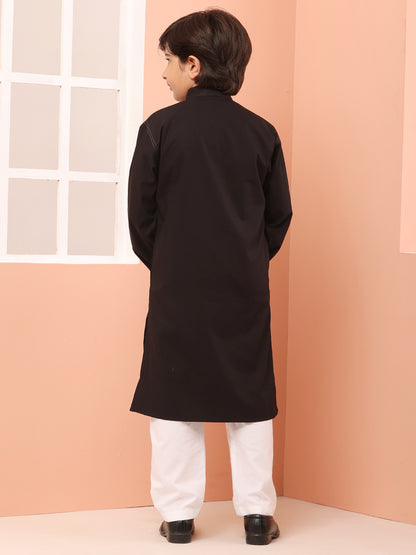 Embroidered Zip Closure Black Kurta Pajama Set for Kids Boys