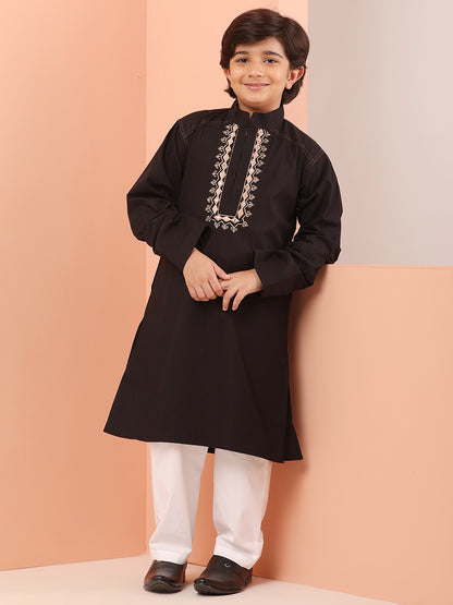 Embroidered Zip Closure Black Kurta Pajama Set for Kids Boys