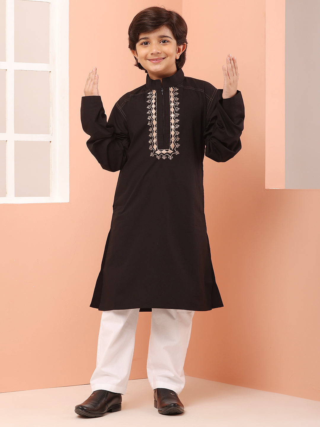 Embroidered Zip Closure Black Kurta Pajama Set for Kids Boys