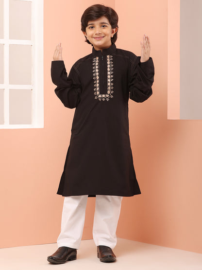 Embroidered Zip Closure Black Kurta Pajama Set for Kids Boys