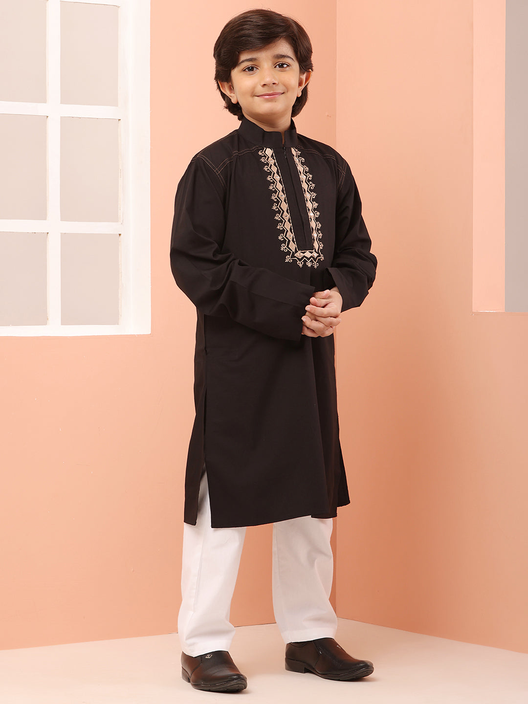 Embroidered Zip Closure Black Kurta Pajama Set for Kids Boys