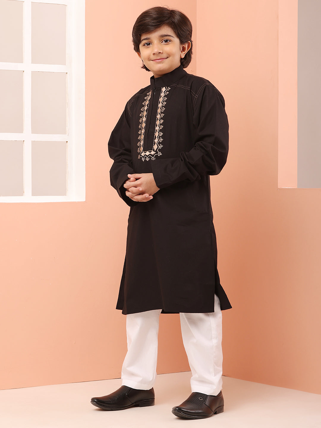 Embroidered Zip Closure Black Kurta Pajama Set for Kids Boys