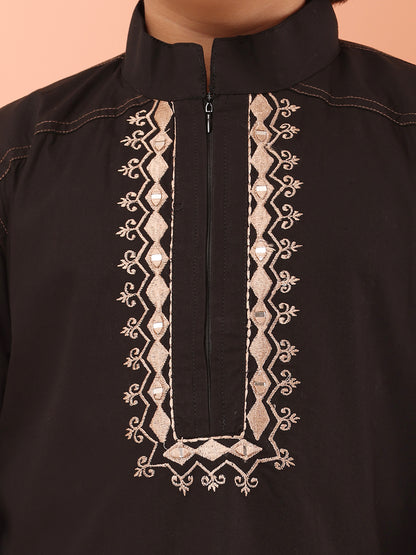 Embroidered Zip Closure Black Kurta Pajama Set for Kids Boys