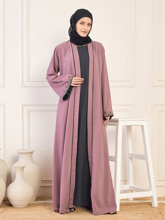 Nabia Pink and Olive Black Handwork Abaya with Black Hijab