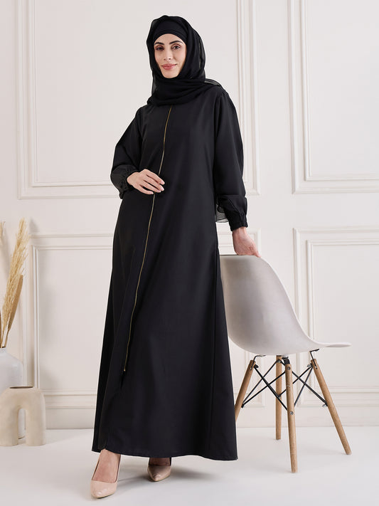 Nabia Front Open Zip-Closure Abaya with Black Georgette Hijab
