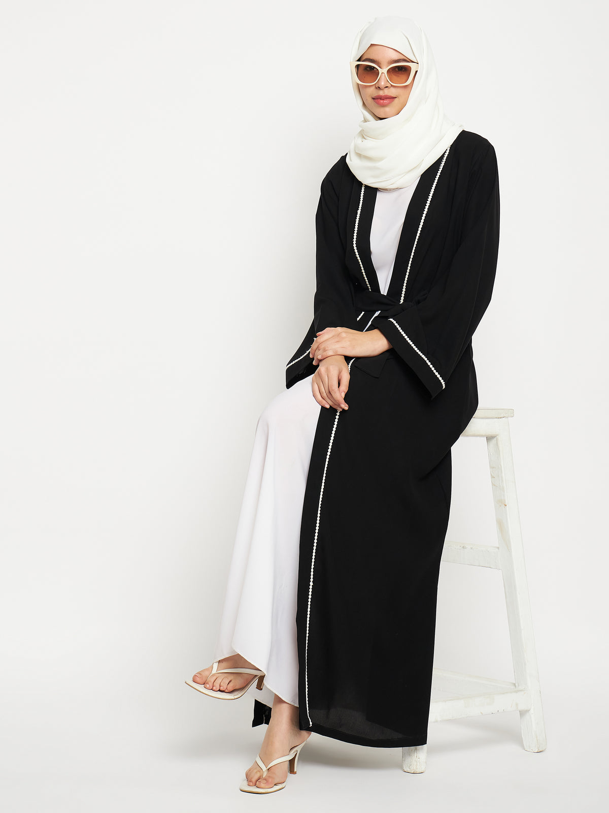 2 Piece Front Open Solid Lace Shrug Set Abaya with Black Georgette Scarf