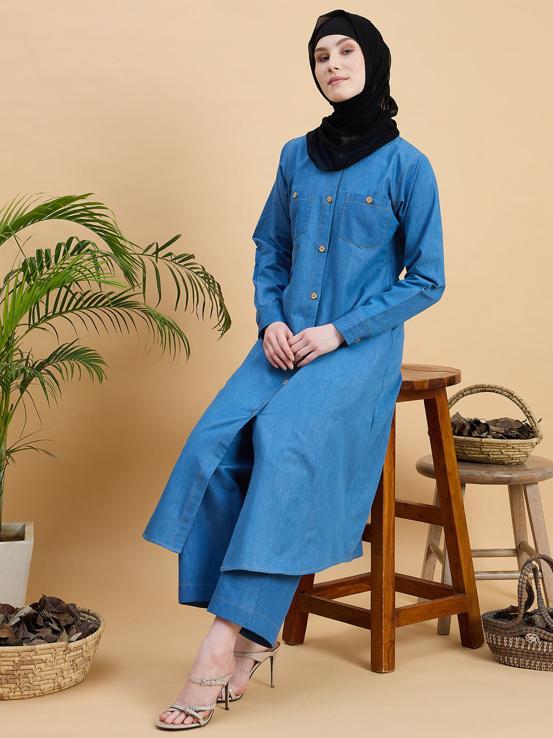 Front Open Blue Denim Co-ord set for women