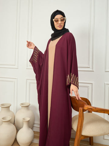 Nabia's Women 2 Piece Maroon and Beige Solid Luxury Handworked Shrug Abaya with Black Georgette Hijab