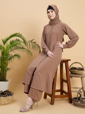 Rust Front Open Co-ord Set for Women with Matching Hijab