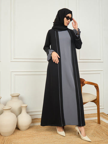 2 Piece Black and Grey Piping Detailing Shrug Set Abaya with Black Hijab for Women