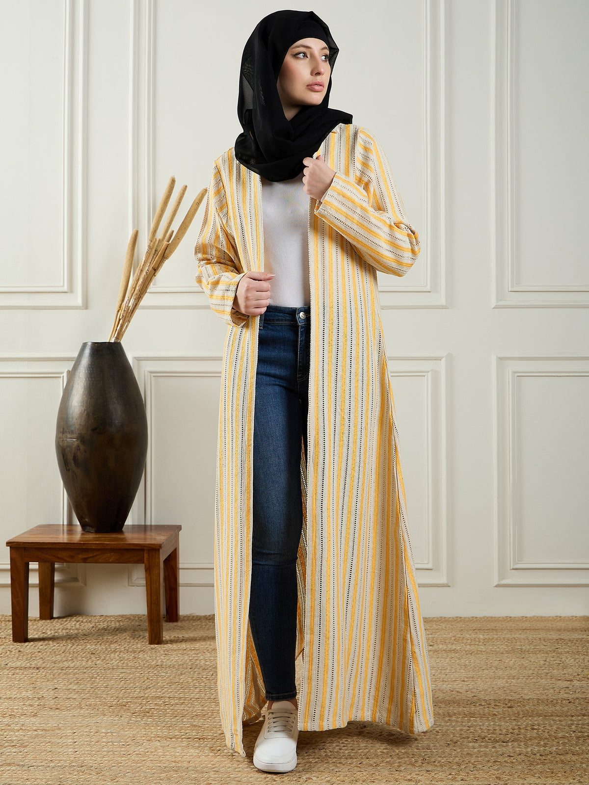 Nabia Front Open Cotton Knitted White and Yellow Shrug with Black Georgette Hijab