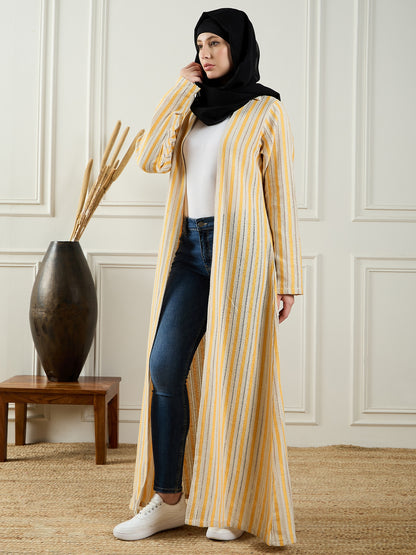 Nabia Front Open Cotton Knitted White and Yellow Shrug with Black Georgette Hijab