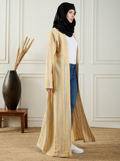 Nabia Front Open Cotton Knitted White and Yellow Shrug with Black Georgette Hijab