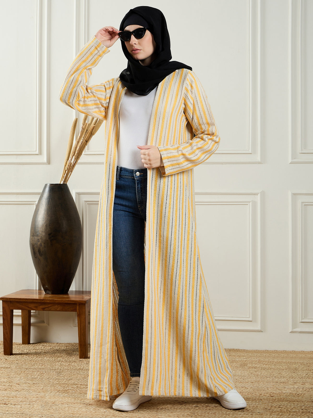 Nabia Front Open Cotton Knitted White and Yellow Shrug with Black Georgette Hijab