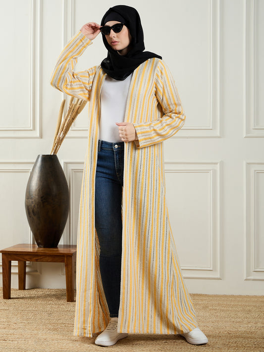 Nabia Front Open Cotton Knitted White and Yellow Shrug with Black Georgette Hijab