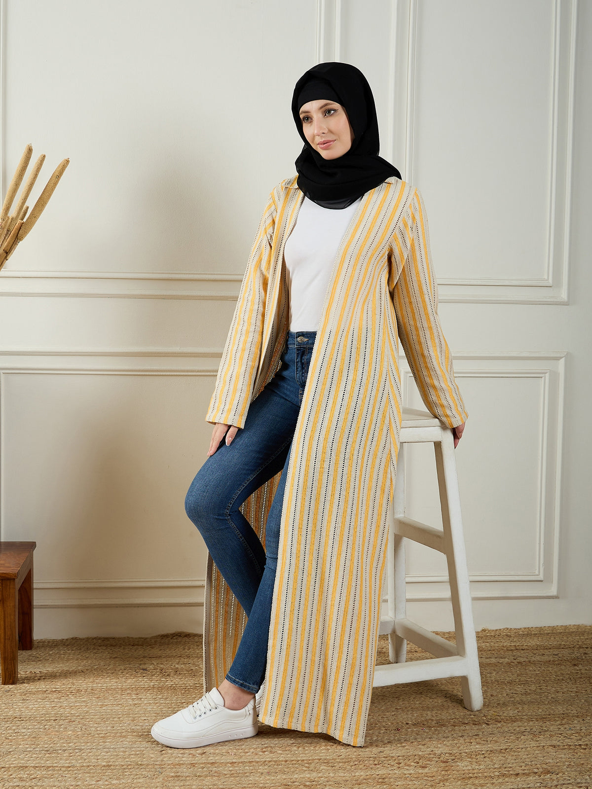 Nabia Front Open Cotton Knitted White and Yellow Shrug with Black Georgette Hijab