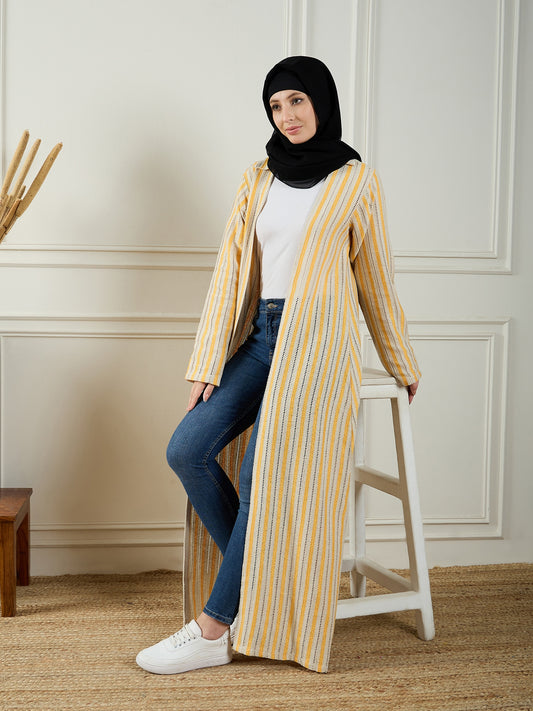 Nabia Front Open Cotton Knitted White and Yellow Shrug with Black Georgette Hijab
