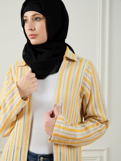 Nabia Front Open Cotton Knitted White and Yellow Shrug with Black Georgette Hijab