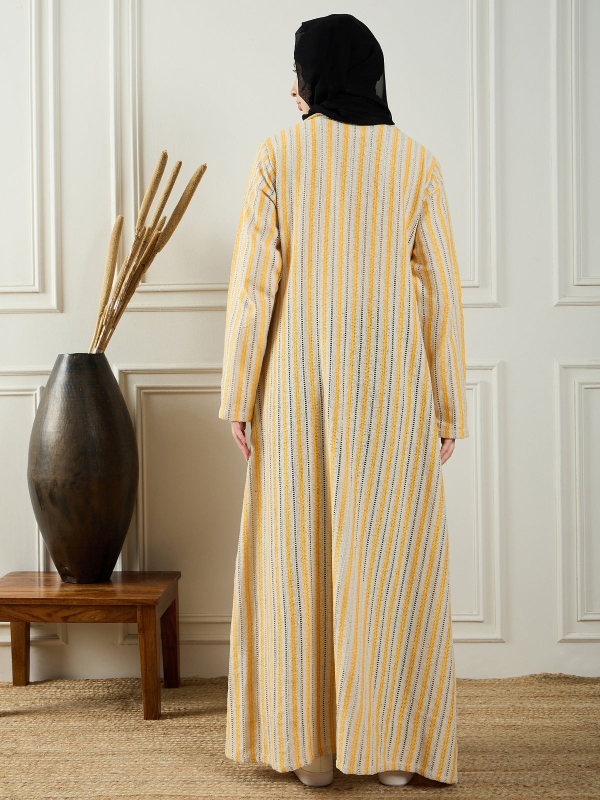 Nabia Front Open Cotton Knitted White and Yellow Shrug with Black Georgette Hijab