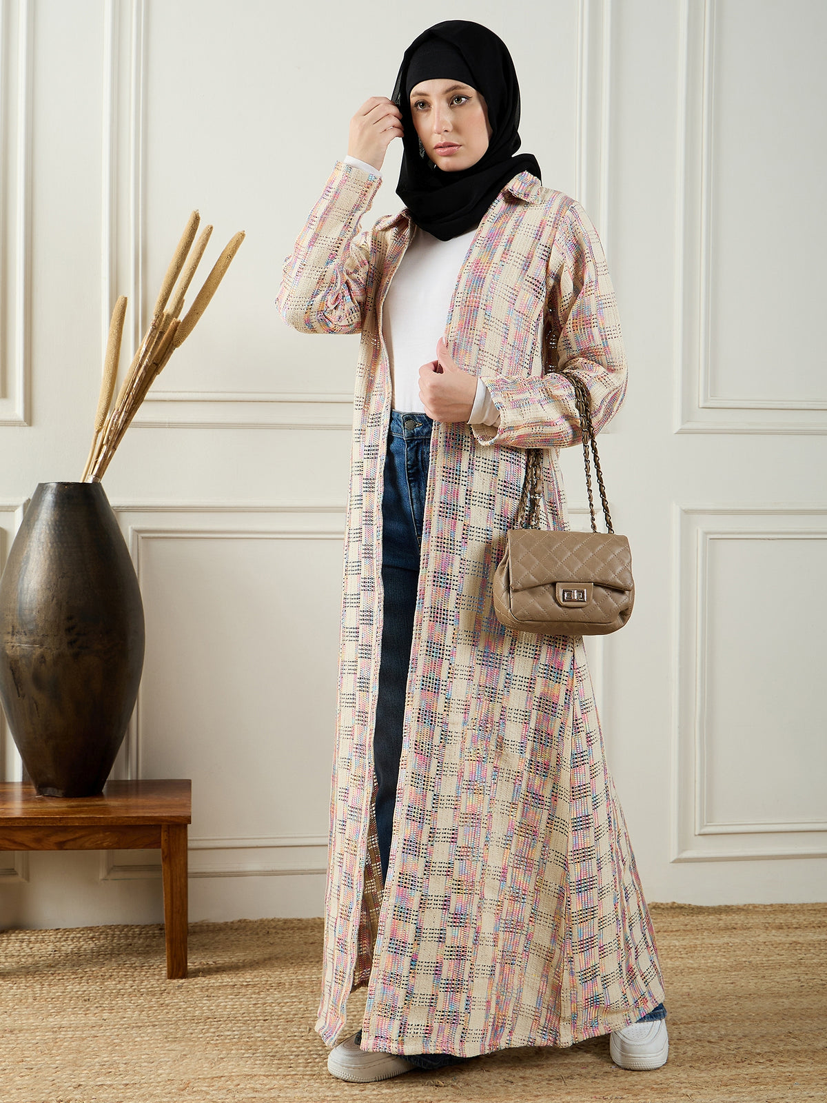 Nabia Front Open Cotton Knitted MultiColor Shrug with Black Georgette Hijab
