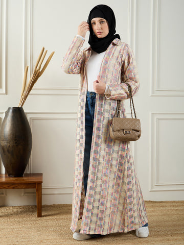 Nabia Front Open Cotton Knitted MultiColor Shrug with Black Georgette Hijab