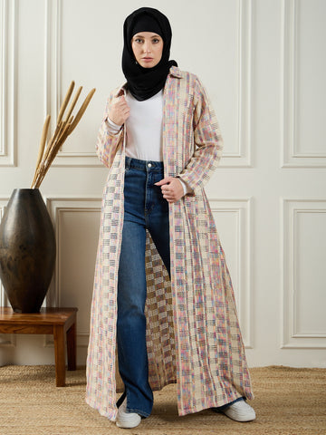 Nabia Front Open Cotton Knitted MultiColor Shrug with Black Georgette Hijab