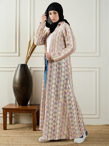 Nabia Front Open Cotton Knitted MultiColor Shrug with Black Georgette Hijab