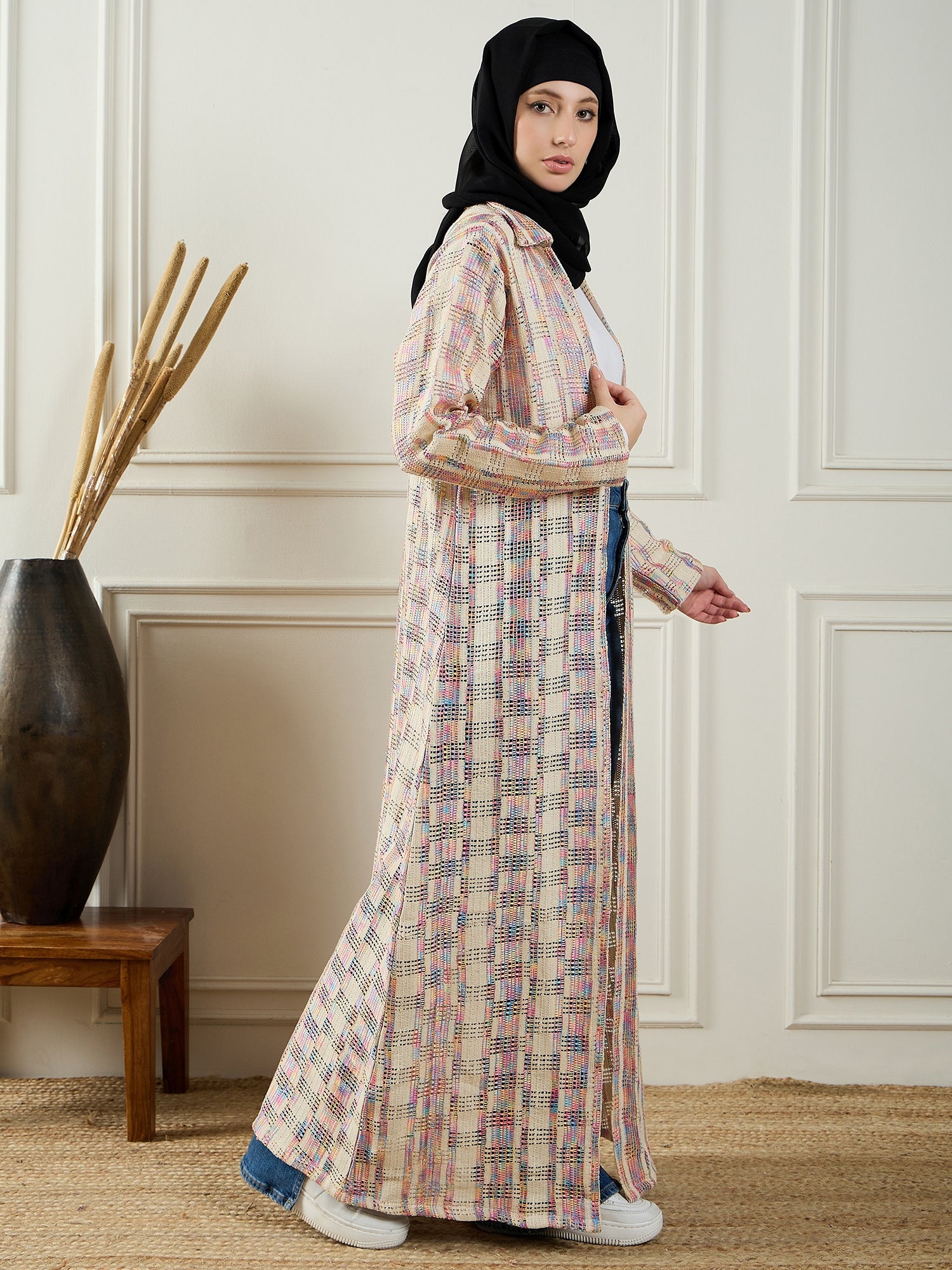 Nabia Front Open Cotton Knitted MultiColor Shrug with Black Georgette Hijab