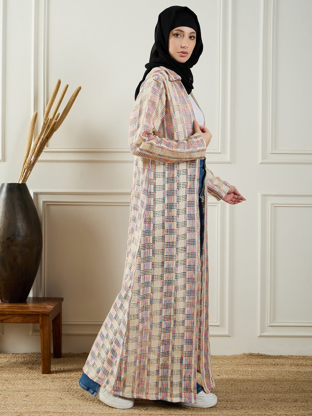 Nabia Front Open Cotton Knitted MultiColor Shrug with Black Georgette Hijab