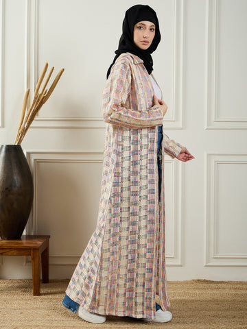 Nabia Front Open Cotton Knitted MultiColor Shrug with Black Georgette Hijab