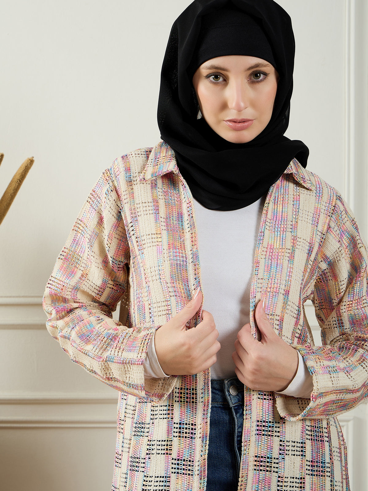Nabia Front Open Cotton Knitted MultiColor Shrug with Black Georgette Hijab