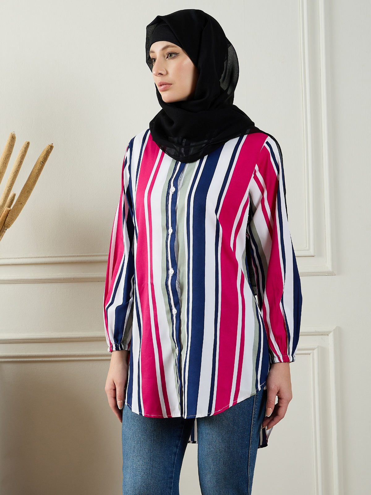 Nabia Front Open Striped Modest Shirt for Women